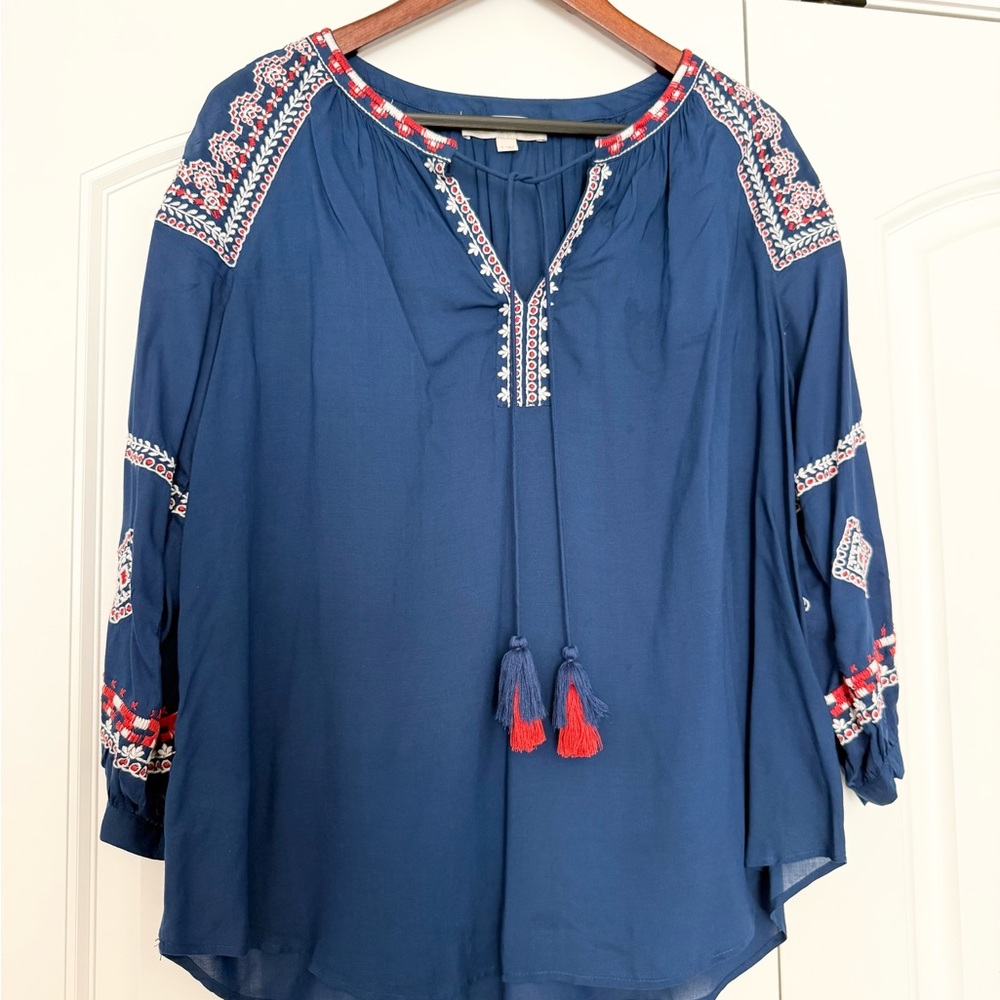 NWOT LOFT Navy Blue Embroidered Blouse